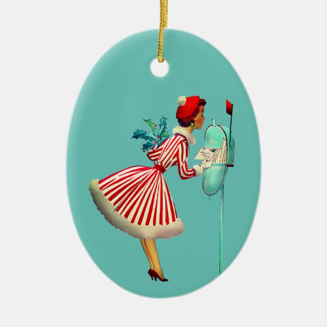 Retro Woman Checking Mail Ceramic Tree Decoration (Front)