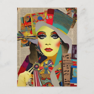 Retro Woman Colourful Mixed Media Collage Abstract Postcard