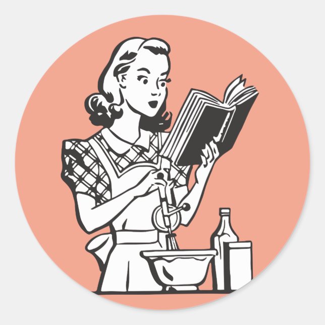 Retro woman cooking funny 1950s classic round sticker (Front)