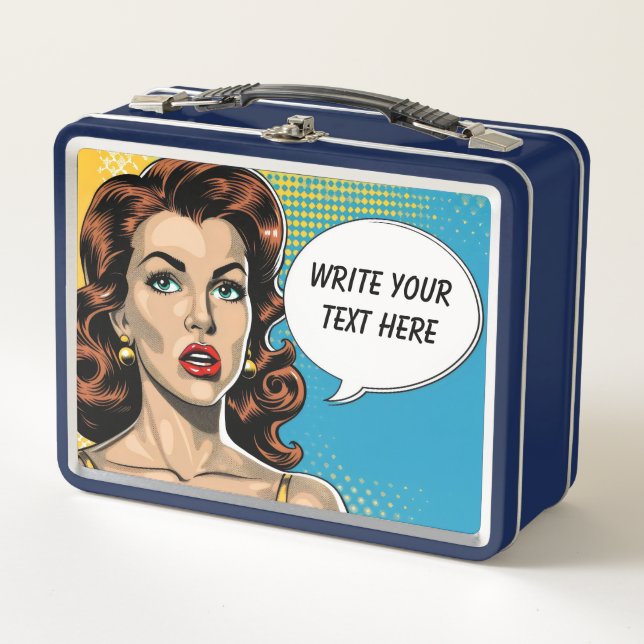 Retro Woman Customisable Text Metal Lunch Box (Front)