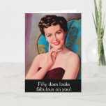 Retro Woman Fabulous 50th Birthday Card<br><div class="desc">Funny milestone birthday card features Retro 1950s well-coiffed socialite woman with customisable "Fifty does looks fabulous on you" birthday greeting that is sure to make the recipient smile.</div>