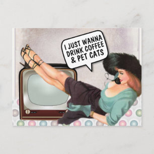 RETRO WOMAN FUNNY COFFEE & CATS POSTCARDS