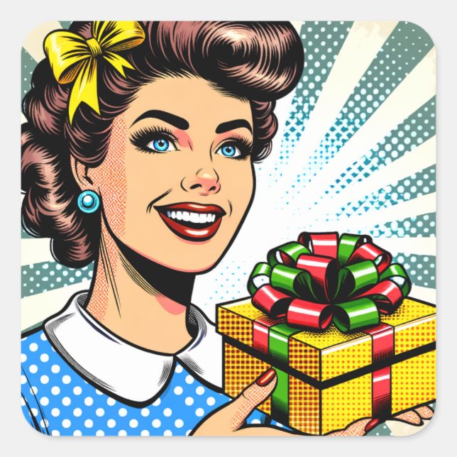  Retro Woman Holding a Birthday or Christmas Gift Square Sticker (Front)