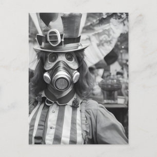 Retro Woman in a Gas Mask at a Carnival Postcard