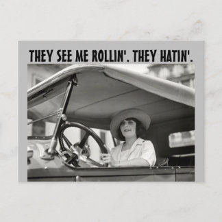 retro WOMAN IN classic CAR FUNNY Postcard