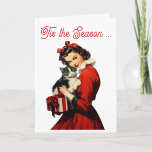 Retro Woman in Red & Cat Warm Hugs  Holiday Card