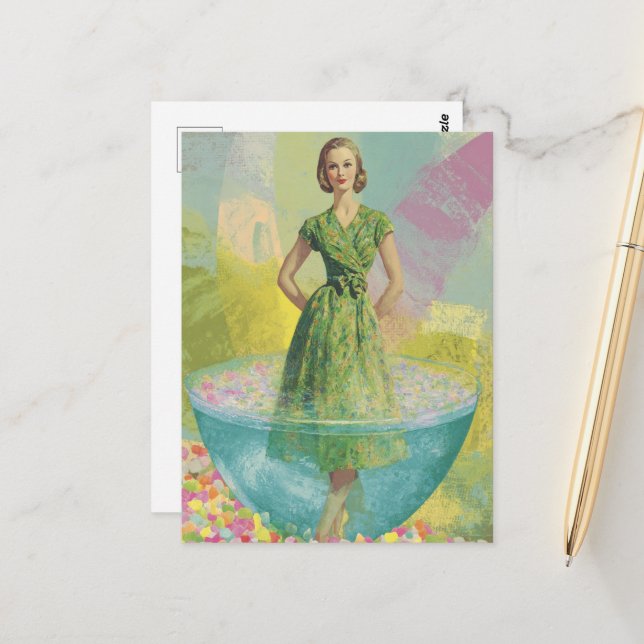 Retro Woman in Tiny Glass Surreal Postcard (Front/Back In Situ)