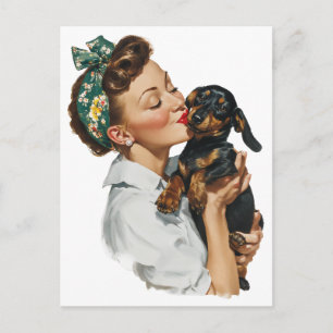Retro Woman Kissing Cute Dachshund Postcard