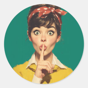 Retro Woman Making a Shush Classic Round Sticker