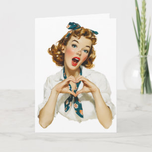 Retro Woman Making Heart Gesture Card