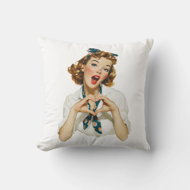 Retro Woman Making Heart Gesture Cushion (Front)