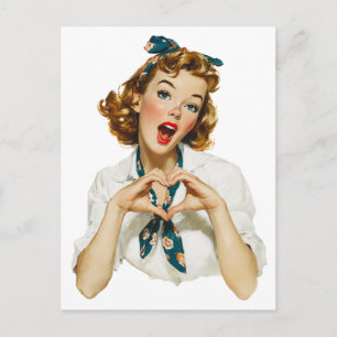 Retro Woman Making Heart Gesture Postcard