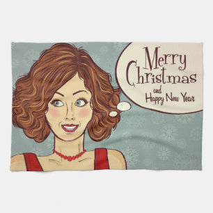 Retro Woman Merry Christmas Tea Towel