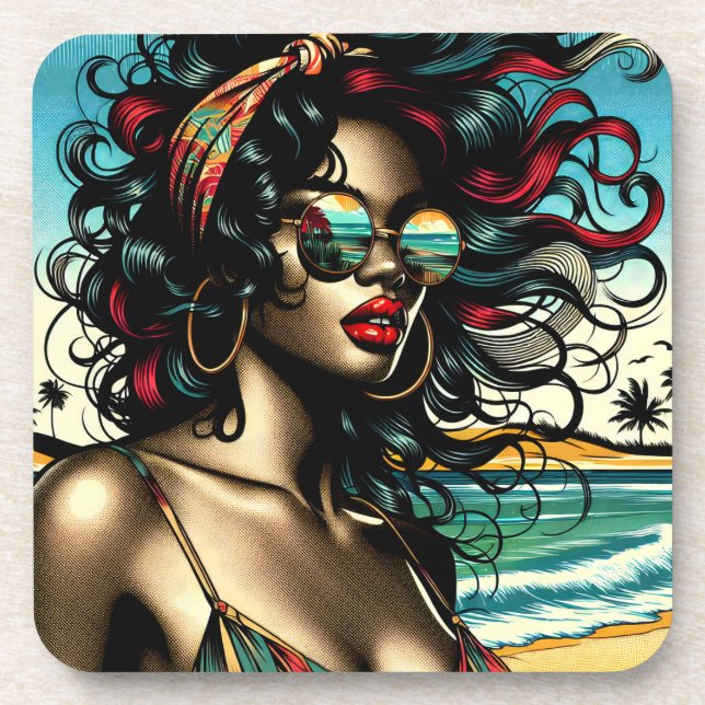 Retro Woman on Beach Comic Style Pop Art Coaster (Front)
