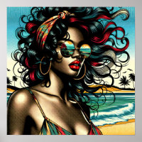 Retro Woman on Beach Comic Style Pop Art