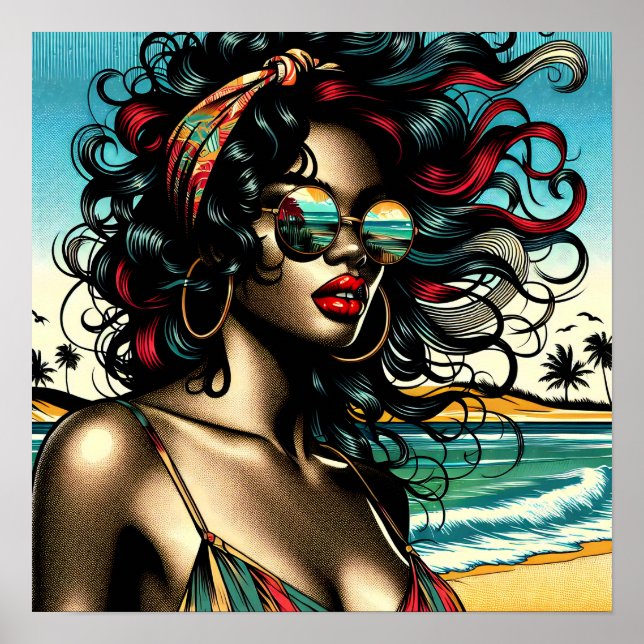 Retro Woman on Beach Comic Style Pop Art Poster (Front)