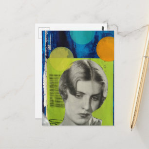 Retro Woman on Green and Blue Mixed Media Collage Postcard