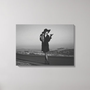 Retro woman on road canvas print