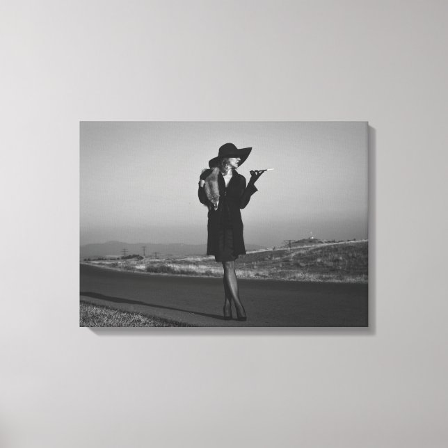 Retro woman on road canvas print (Front)