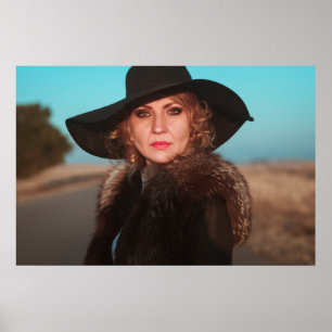 Retro woman on road poster