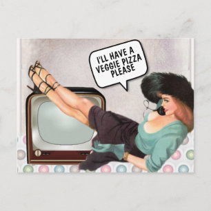RETRO WOMAN ORDERING VEGETARIAN PIZZA POSTCARD