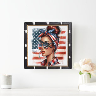 Retro Woman Patriotic American Flag  Square Wall Clock