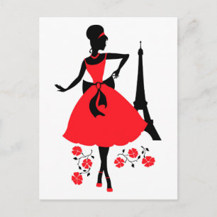 Retro woman red and black silhouette postcard