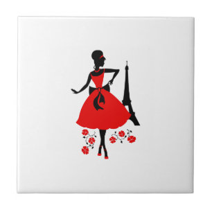 Retro woman red black silhouette with Eiffel Tower Tile