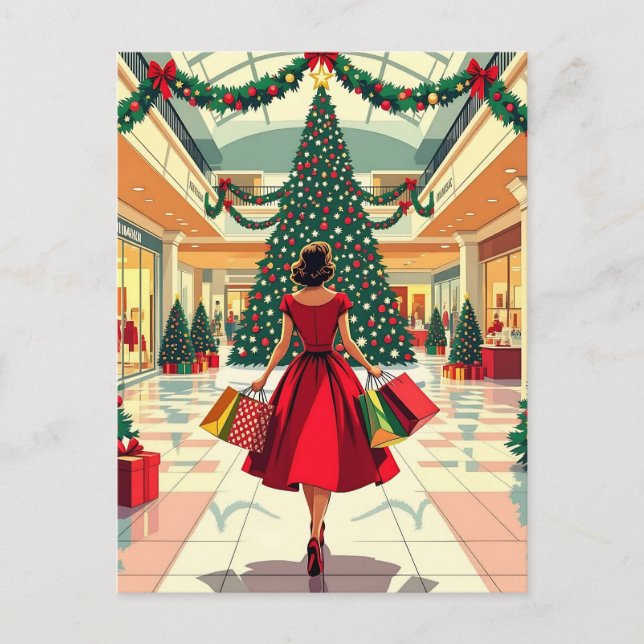 Retro Woman Shopping Mid Century Christmas Postcard (Front)