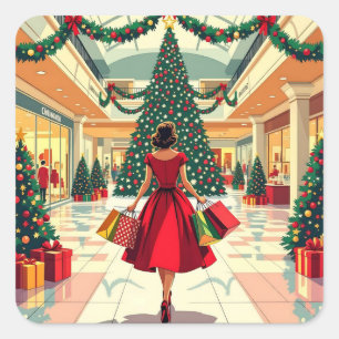Retro Woman Shopping Mid Century Christmas Square Sticker