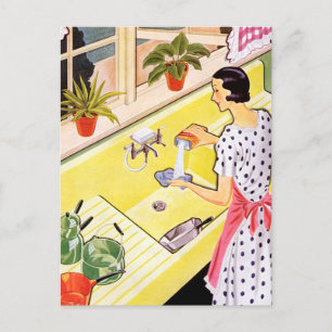 Retro Woman Washing Dishes Postcard