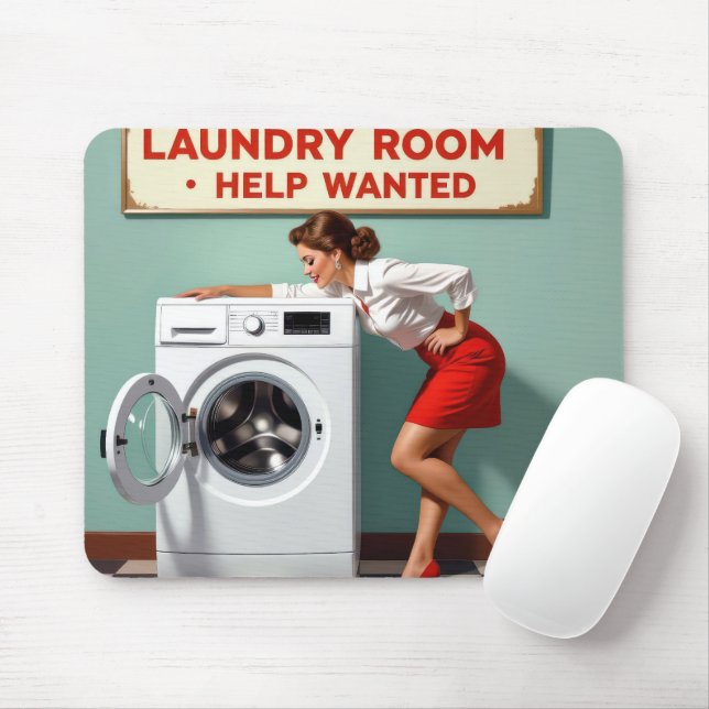 Retro Woman With a Laundry Help Wanted Sign Mouse Mat (With Mouse)