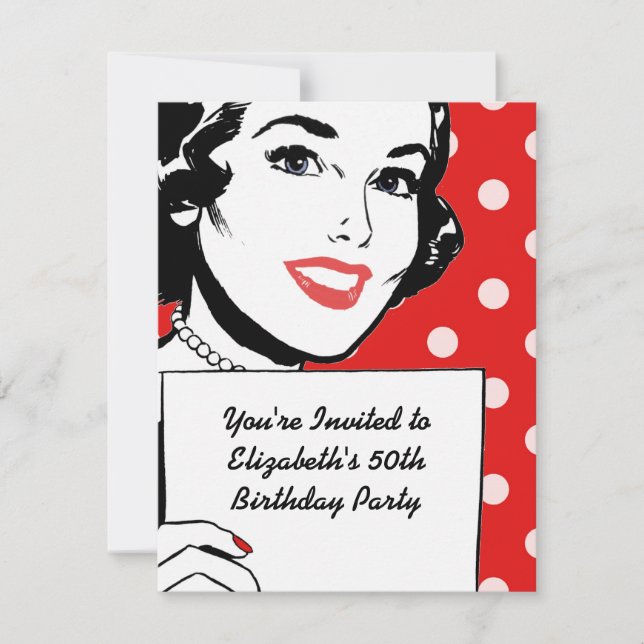 Retro Woman with a Sign Birthday Invitation (Front)