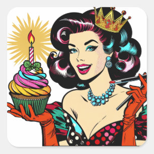 Retro Woman with Birthday Cupcake Square Sticker