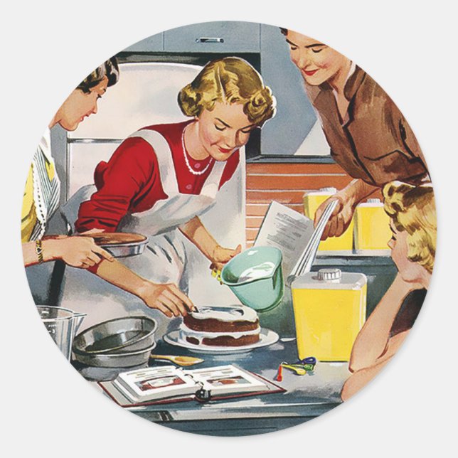 Retro women baking a cake classic round sticker (Front)