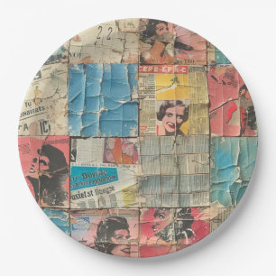 Retro Women Newspaper Vintage Mosaic Pattern Paper Plate