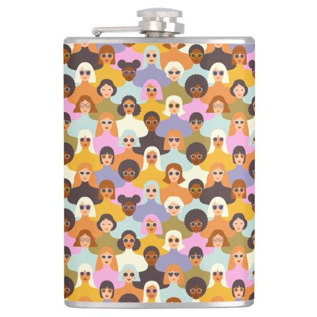 Retro Women of the World Pattern Hip Flask (Front)