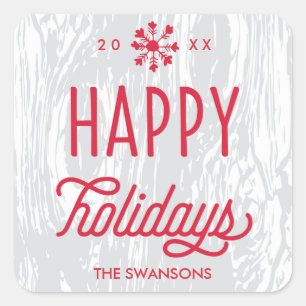 Retro Woodgrain Happy Holidays Gift Tag Sticker