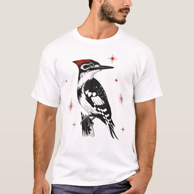 Retro Woodpecker – Mid-Century Ink Art T-Shirt (Front)