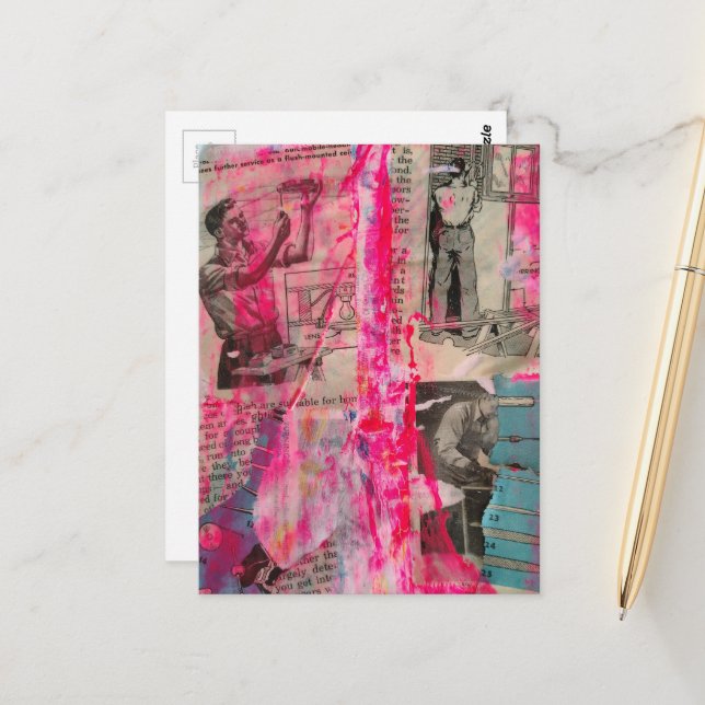 Retro Working Men on a Pink Background Postcard (Front/Back In Situ)