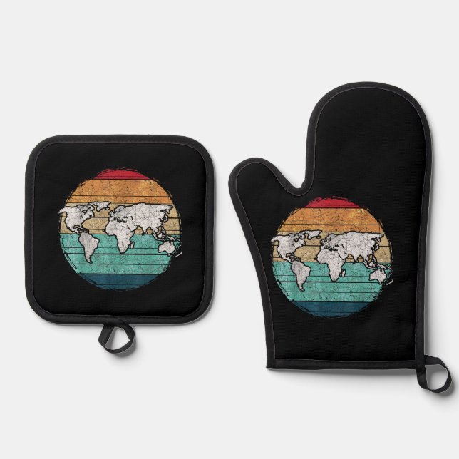 Retro World Map Oven Mitt & Pot Holder Set (Front)