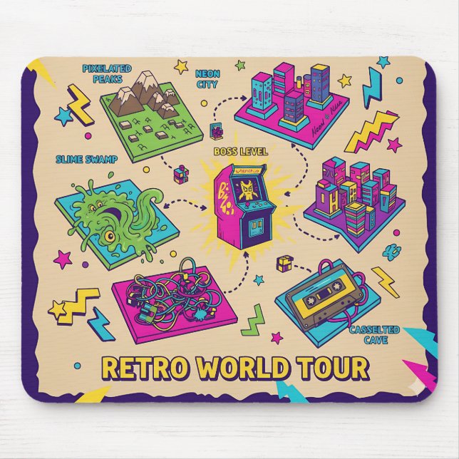Retro World Tour Arcade Map – Pixel Gaming Art Mouse Mat (Front)