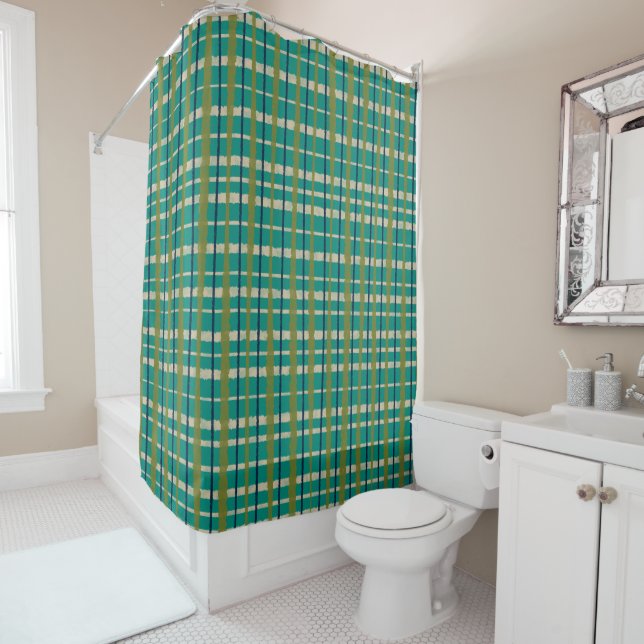 Retro Woven Picnic Plaid Pattern Teal Green Shower Curtain (In Situ)