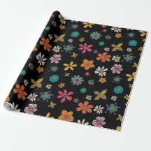 Retro Wrapping Paper - Black Floral Doodles
