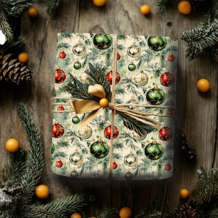 Retro Wrapping Paper Green and Red Ornaments