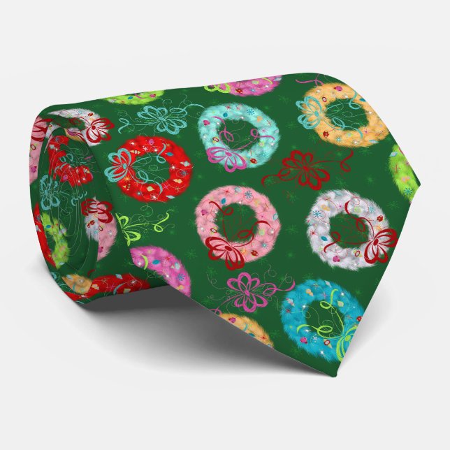 Retro Wreaths - Green Christmas Tie (Rolled)
