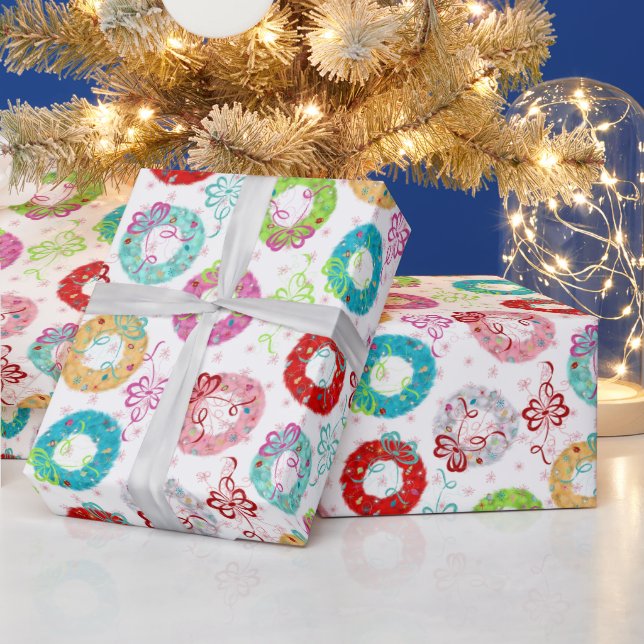 Retro Wreaths - Pink Starsburst - Christmas Wrapping Paper (Holidays)