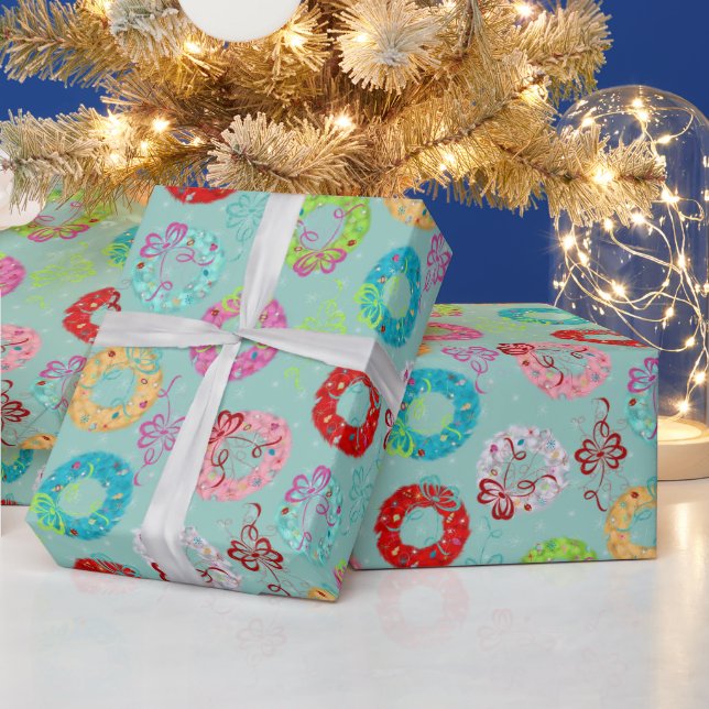 Retro Wreaths - Teal Christmas Wrapping Paper (Holidays)