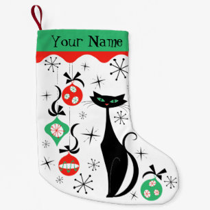Retro Xmas Cat Name 2-sided Small Christmas Stocking