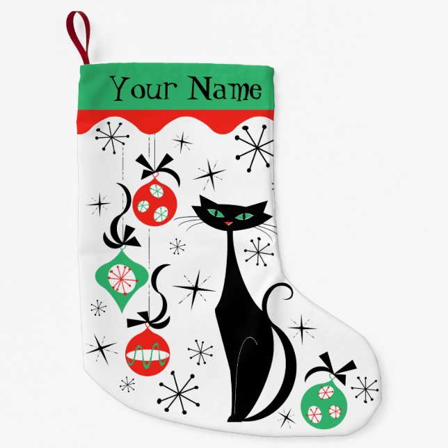 Retro Xmas Cat Name 2-sided Small Christmas Stocking (Front)